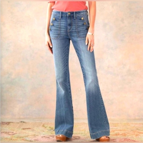 Driftwood Farrah Flare Button Pocket Medium Wash Mid Rise Jeans - Picture 1 of 6
